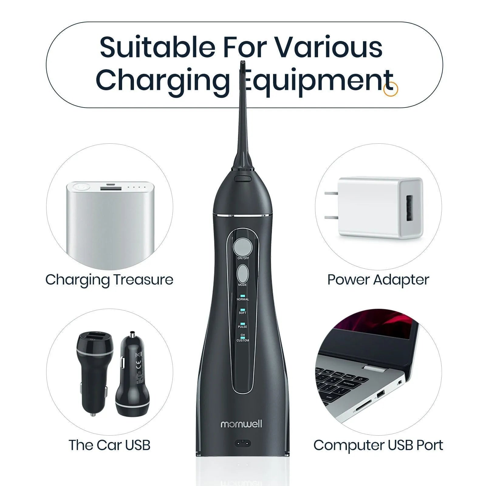 Black portable oral irrigator with water reservoir and nozzle for adult dental cleaning