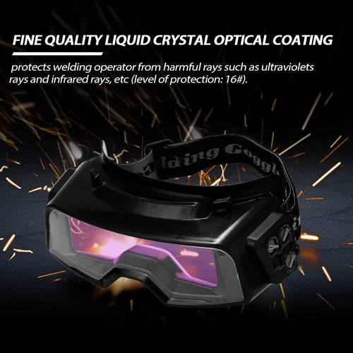 Black automatic darkening welding mask glasses showing large rectangular viewing lens.