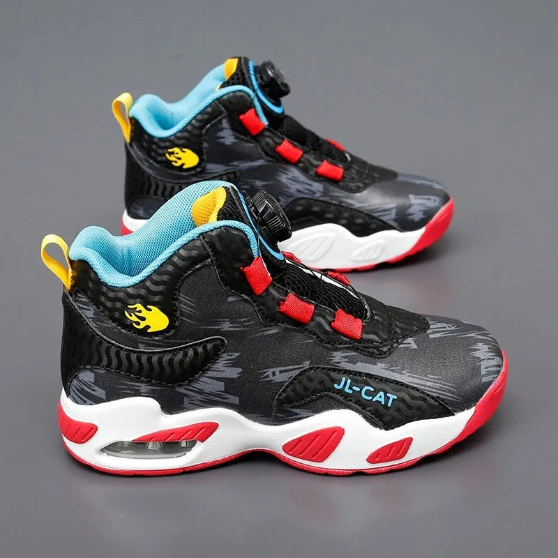 Children's black basketball shoes with rotating button fastening and cushion design