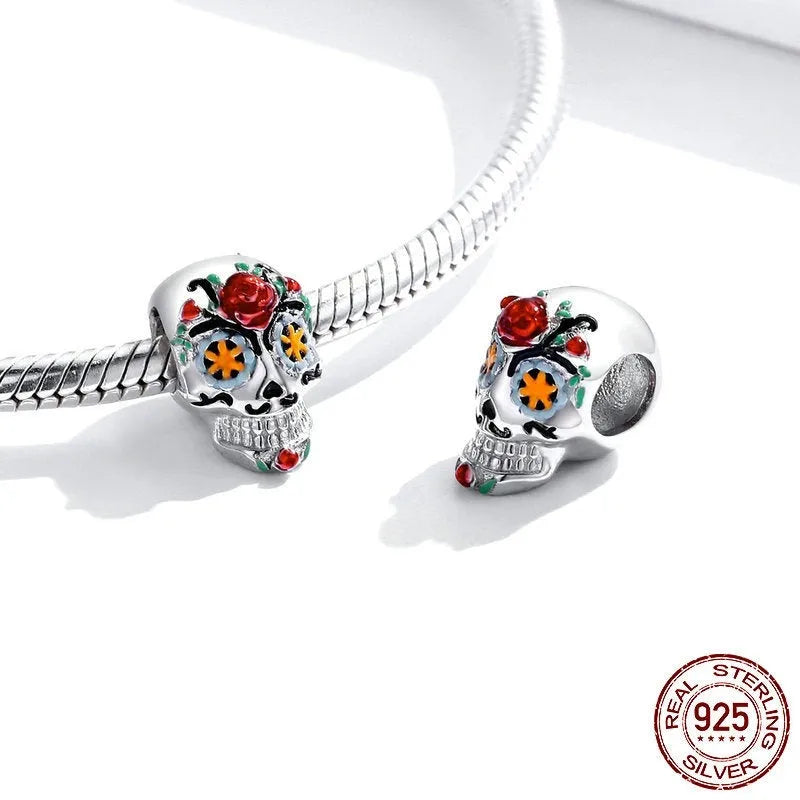 Halloween skull bead made from 925 sterling silver with platinum plating and oil drip finish