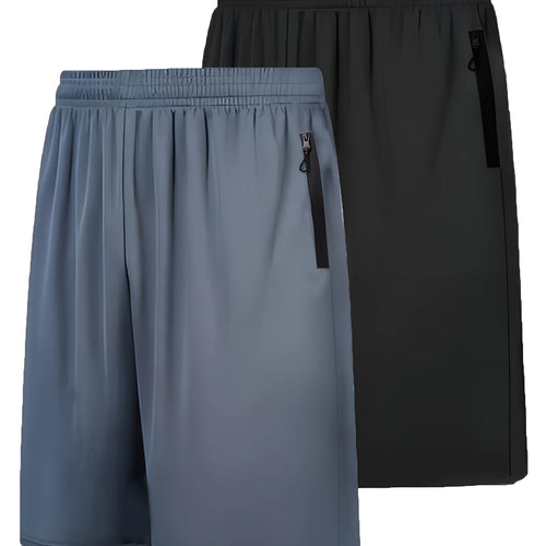 Two quick-drying men's sports shorts with elastic waist belt in dark gray and light gray, polyester fabric