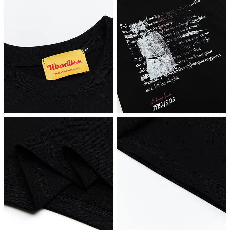 Men's black retro hip hop cotton T-shirt with loose fit and printed letter pattern