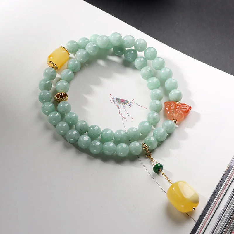 Double-layer women's bracelet with green jade round beads and beeswax barrel beads in retro design