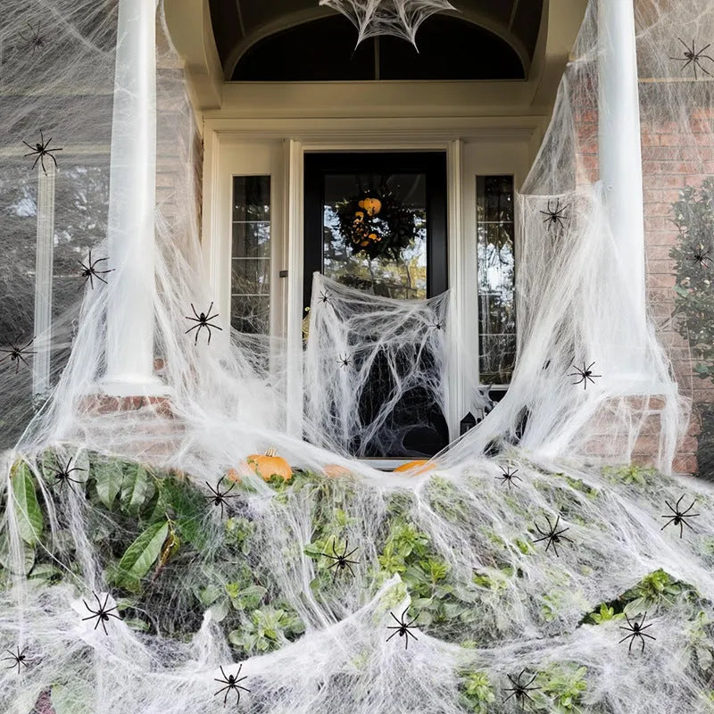Cotton spider web Halloween decoration set with spiders in white colour scheme