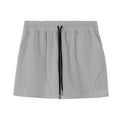 Men's thin grey polyester basketball shorts with elastic waistband, shown front view.