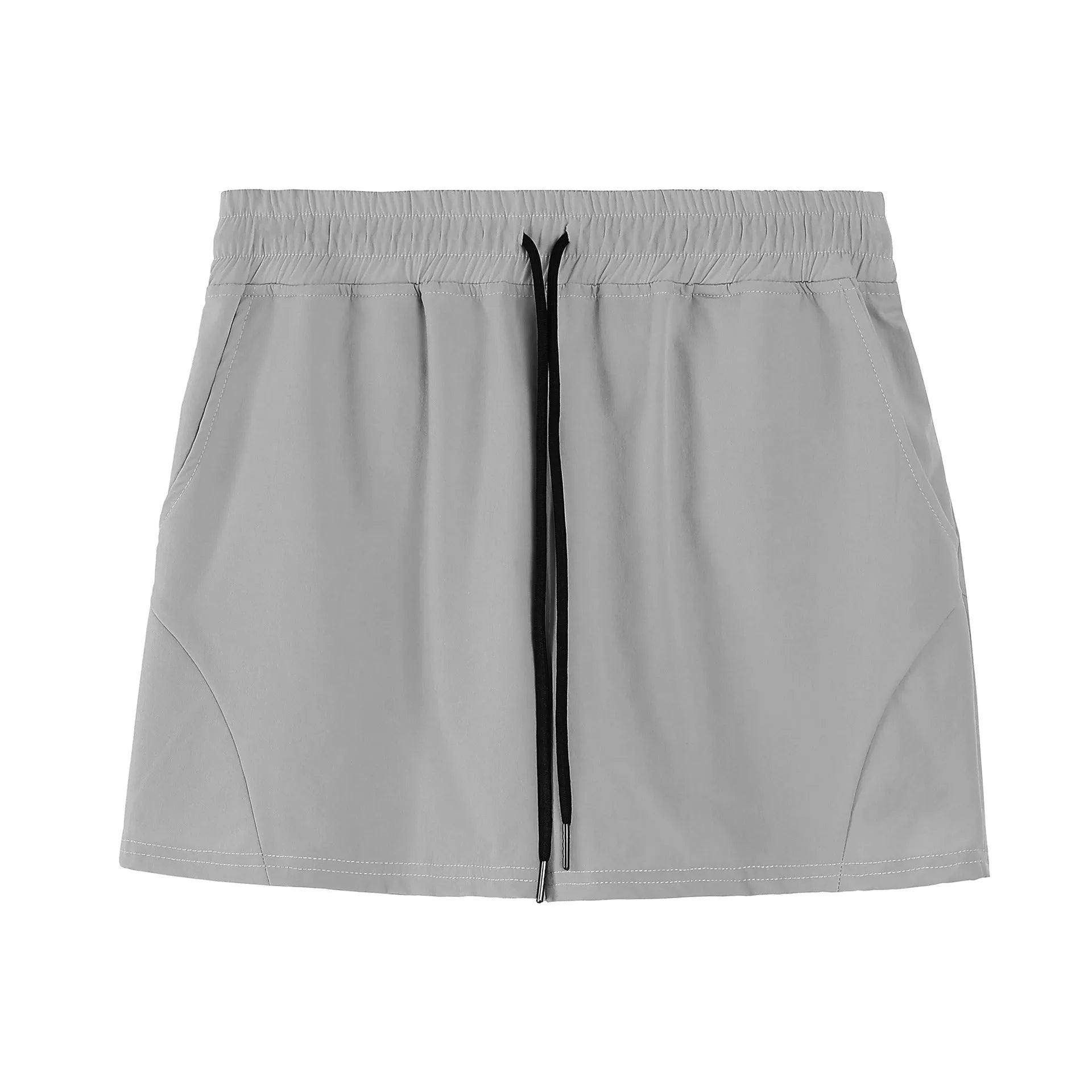 Men's thin grey polyester basketball shorts with elastic waistband, shown front view.