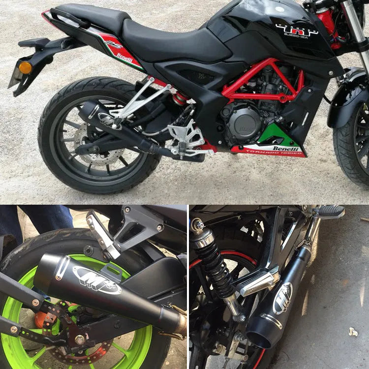 Universal M4 motorcycle exhaust pipe in stainless steel, shown in black finish with welded mounting brackets.