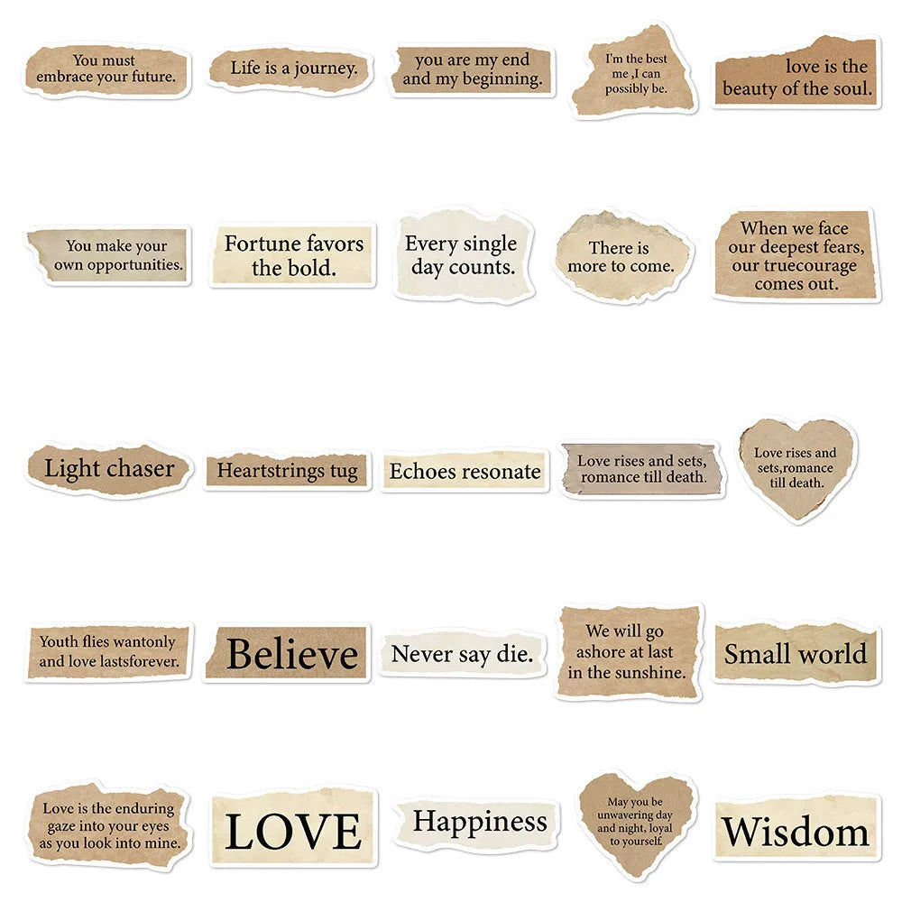 Set of 25 tear English text design vinyl stickers for laptops on a white background.