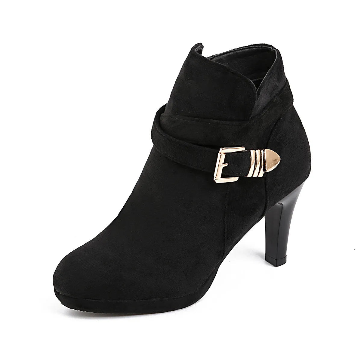Plus size stiletto heel boots in brown, suede upper, round toe, mid-calf length