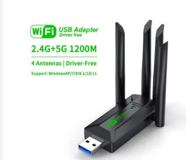 Black USB network transmitter with four extended antennas for wireless computer connectivity