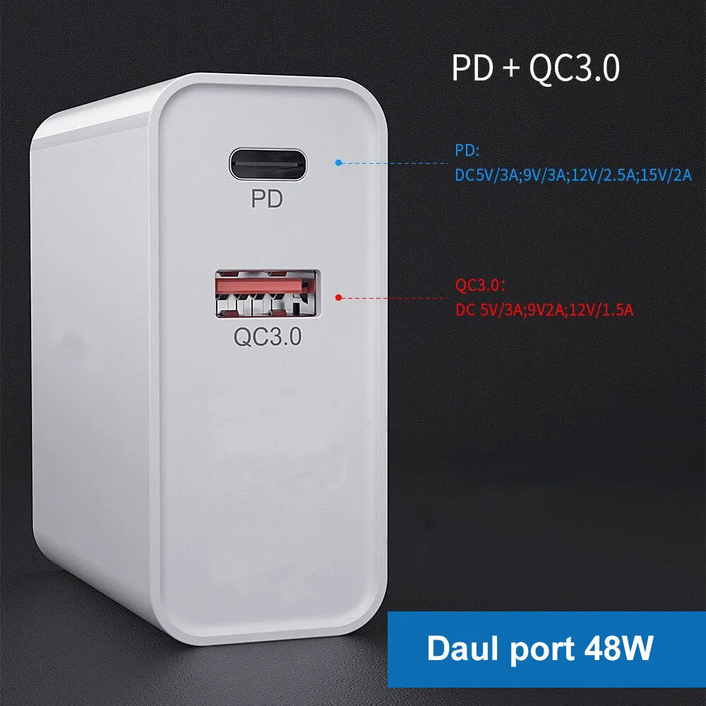White multi-port USB fast charger with PD QC support on a table.