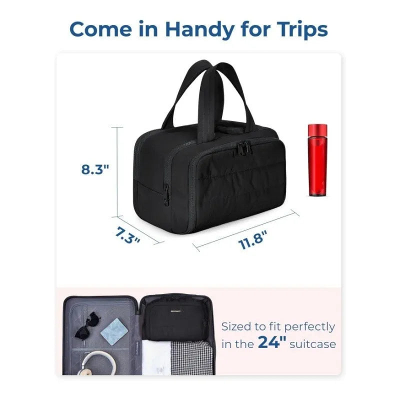 Large fluffy polyester travel toiletry bag in multiple colours, shown open to reveal soft interior.