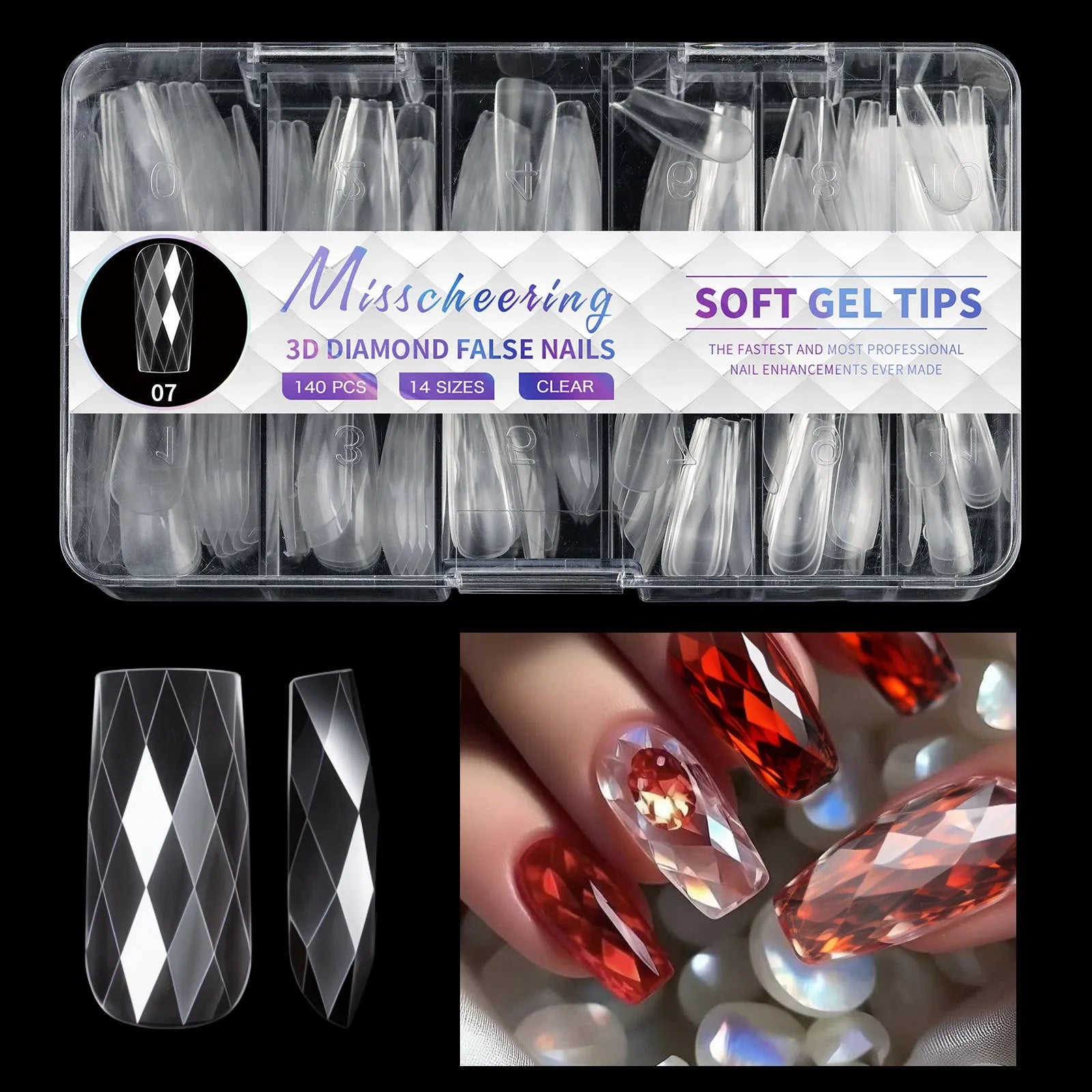 3D diamond texture long false nails in assorted colours, 120-140 pieces per pack