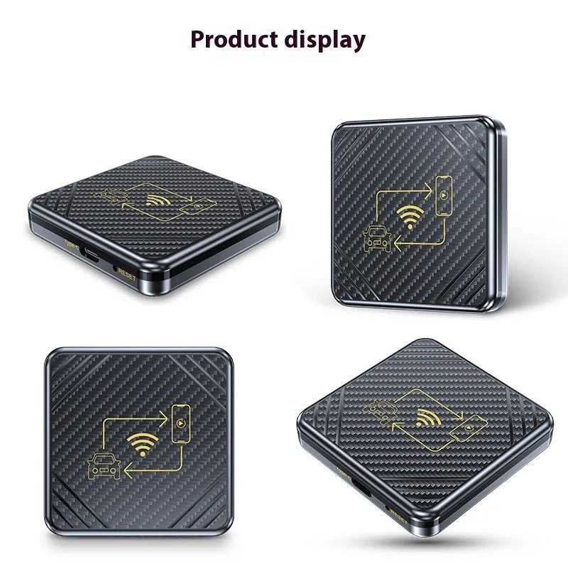Wireless CarPlay and Android Auto adapter with USB connection and gold or white ABS plastic housing