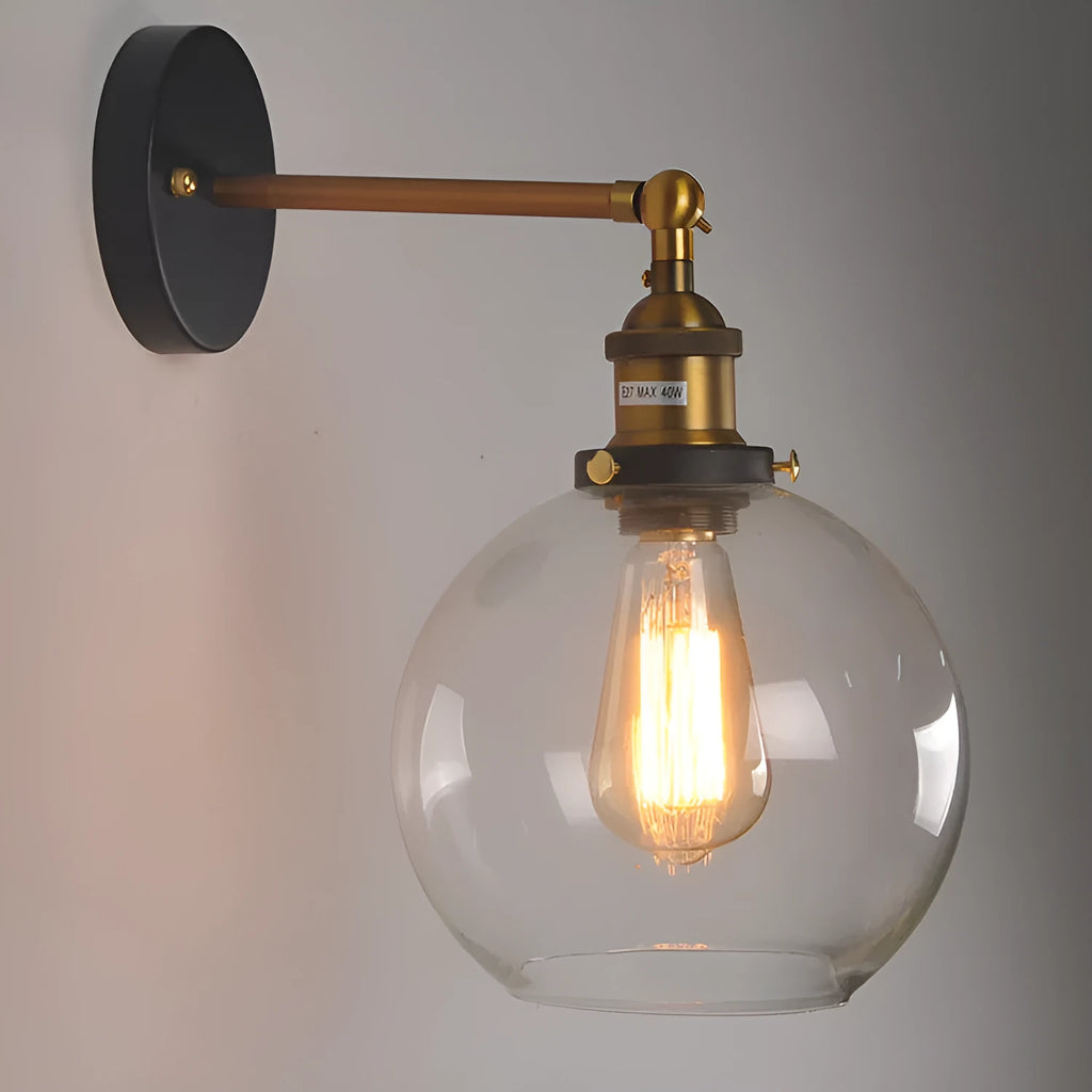 Retro spherical glass wall light fitting with a 20cm diameter, shown in amber tint.