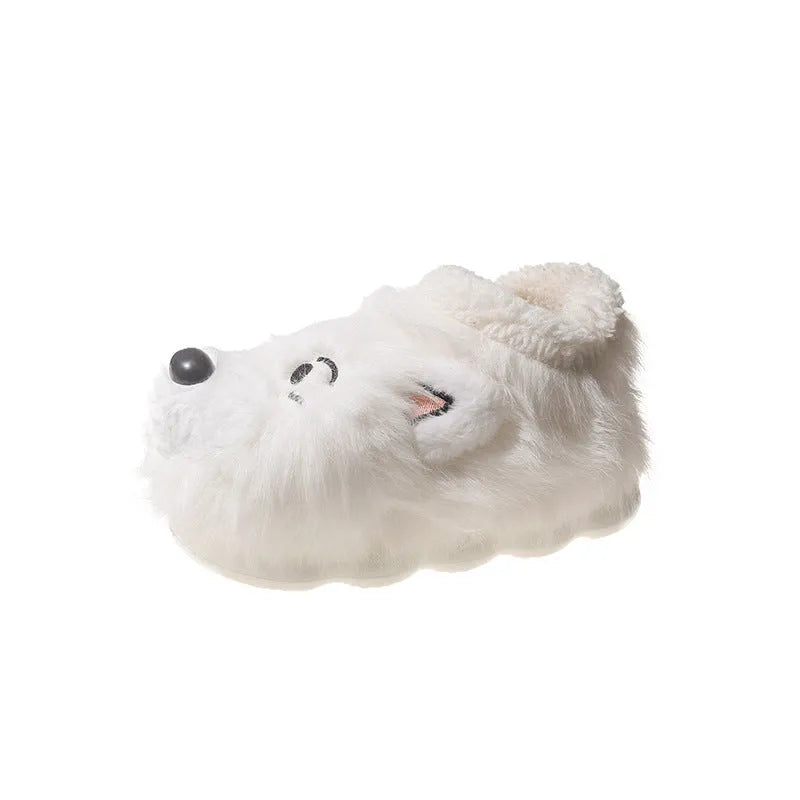 Grey and white plush ankle wrap cotton slippers with insulated artificial wool lining.