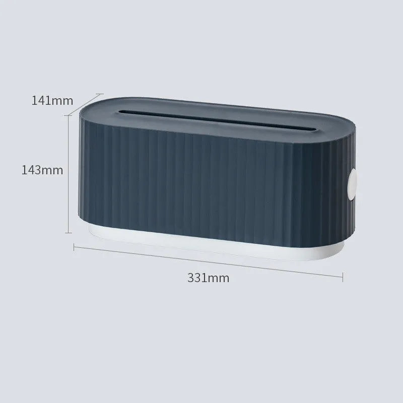 Blue and white power strip storage box with lid open showing cable management holes