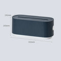 Blue and white power strip storage box with lid open showing cable management holes
