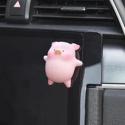 Glossy resin cartoon pig ornament for car dashboard decoration, shown in one of eight available character styles.