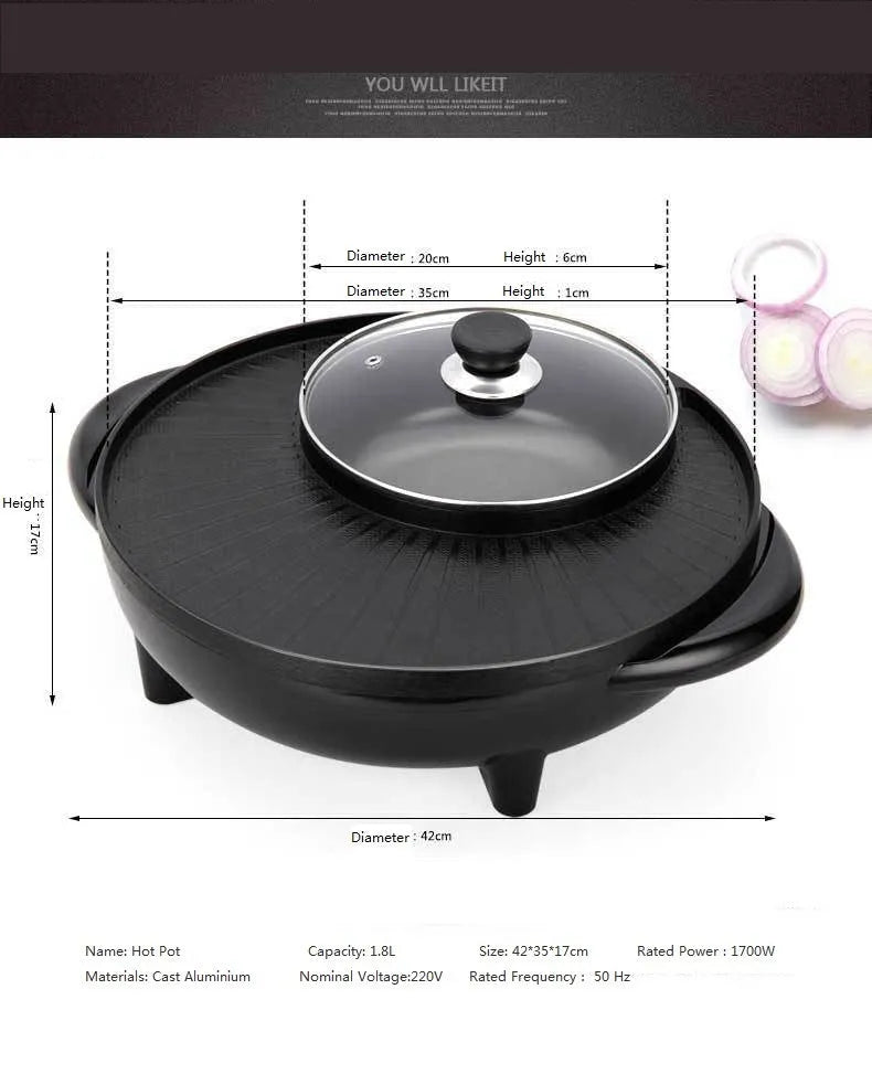 Black multifunction electric hot pot grill with aluminium alloy pot and wave plate baking tray