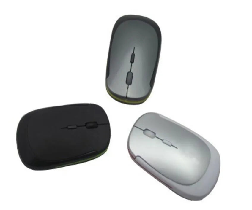 2.4G wireless optoelectronic mouse with USB receiver, available in black, blue, green, red, silver