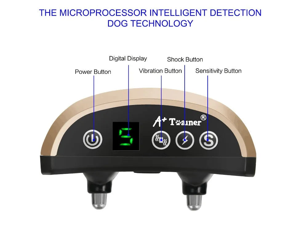 Electronic bark collar with digital display showing correction level on adjustable nylon strap