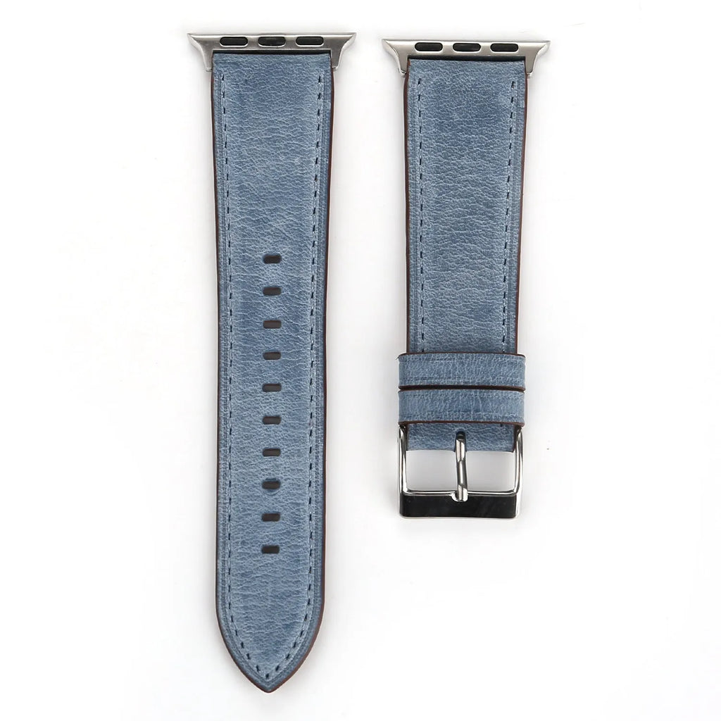 Genuine leather watch strap with a folding buckle, shown in one of six available colours.