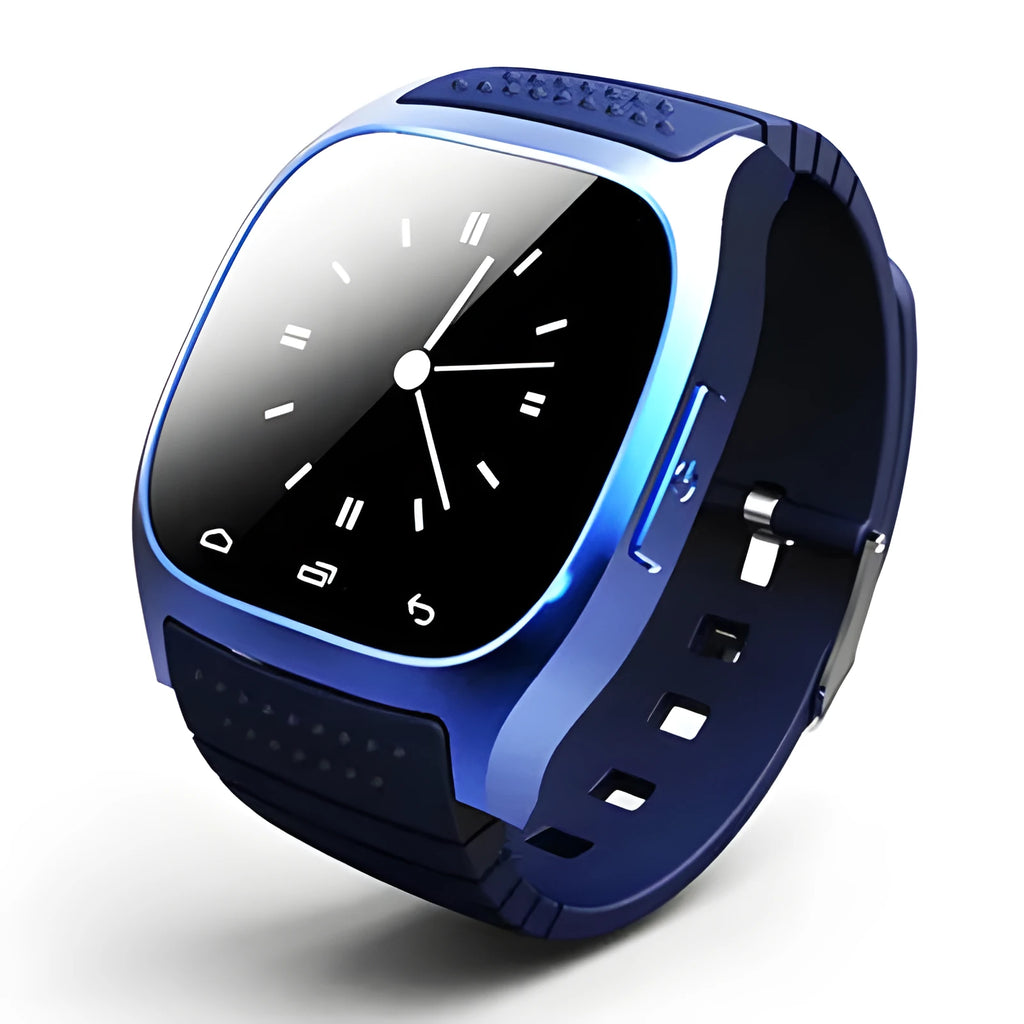 Black, white, and blue smart Bluetooth sports watch compatible with iPhone and Android