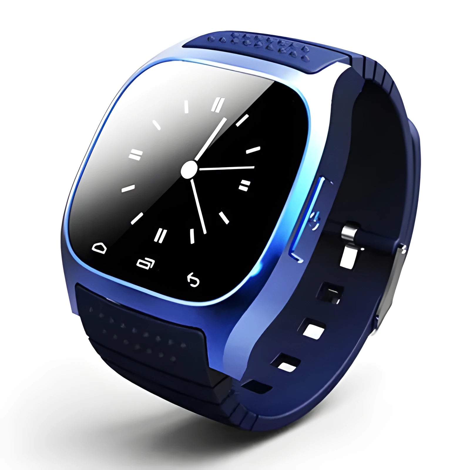 Black, white, and blue smart Bluetooth sports watch compatible with iPhone and Android