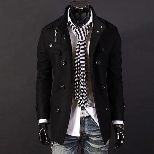 Men's double-breasted woolen coat with stand collar, black colour option