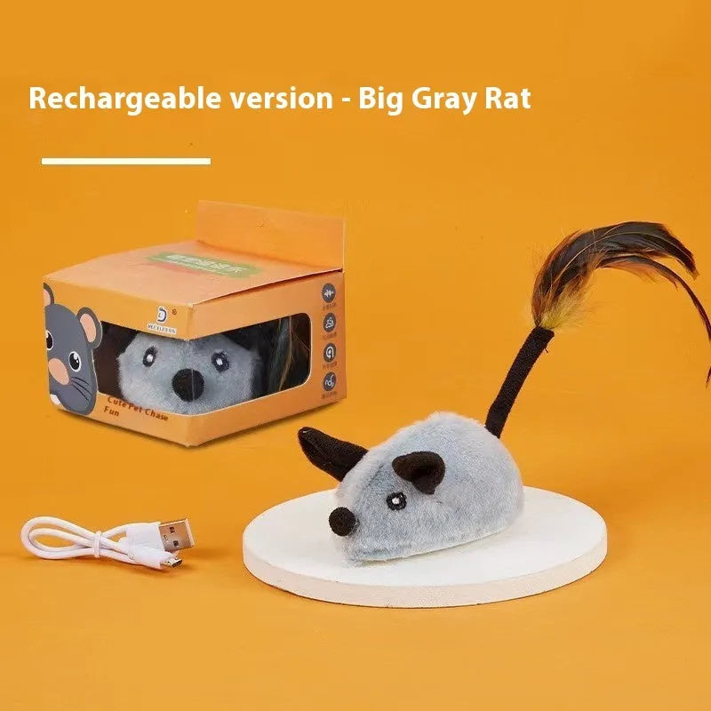 Grey plush electric mouse cat toy with remote control on wooden floor