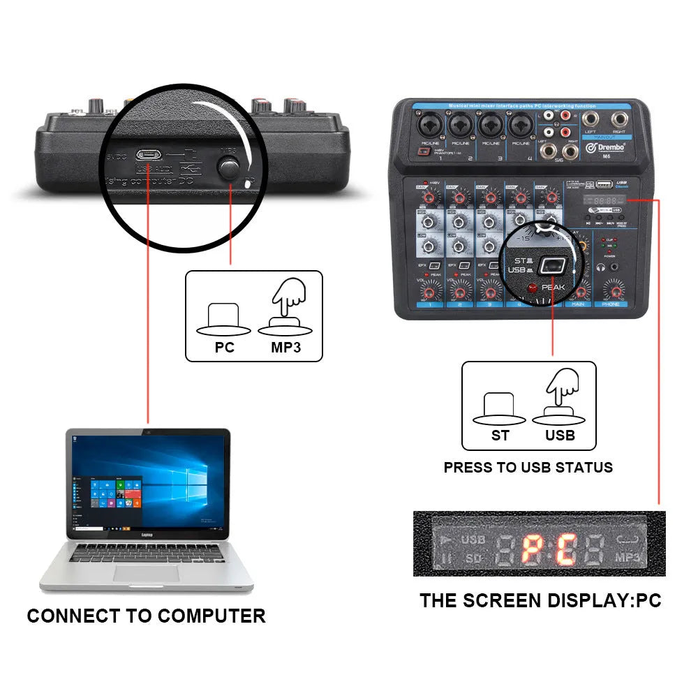 M4 or M6 model small audio mixer with PVC housing for live broadcast and KTV use.