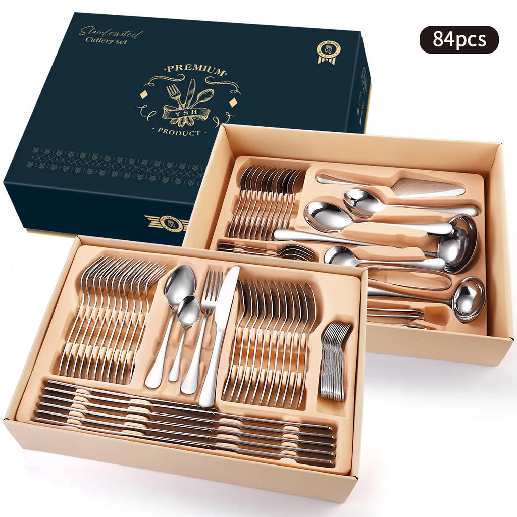 Stainless steel cutlery set in a gift box, mirror polished silver finish, 10-84 pieces