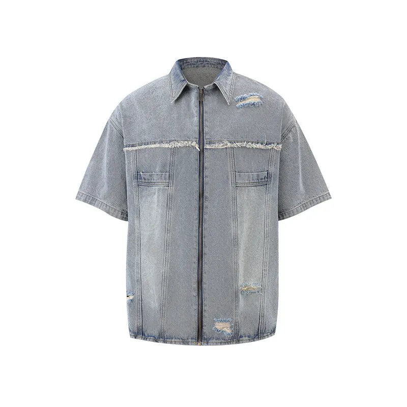 Denim overall suit with matching short sleeve top and trousers in streetwear style