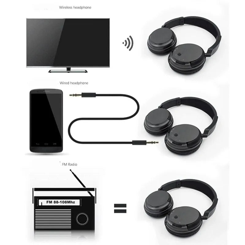 Black wireless stereo headphones with USB FM transmitter and 3.5mm audio cable