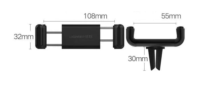 Universal car phone holder in PC and ABS, shown in Black or Grey, for hands-free in-car phone positioning.