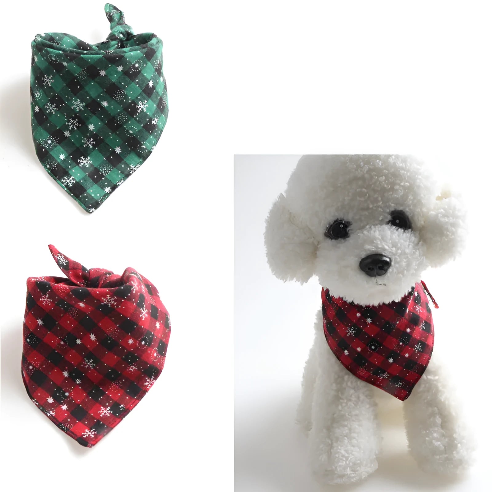 Pet bandage triangle scarf in Green Snowflake colour, cloth saliva towel and collar for dogs and cats, size S 34x34x50 cm