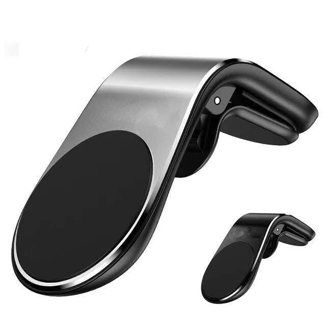 Car phone bracket mounted on vehicle air vent in silver finish showing rotation adjustment