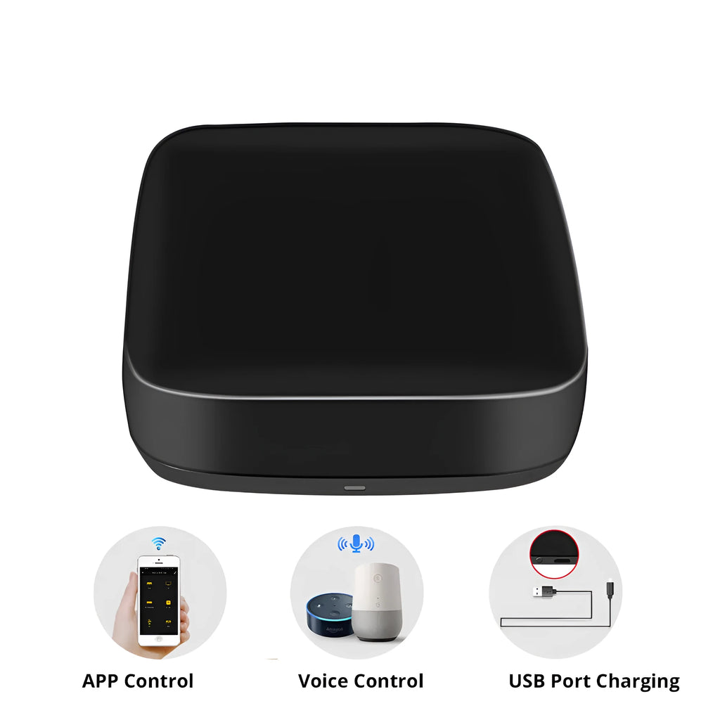 Black universal infrared remote control with voice command and WiFi connectivity features