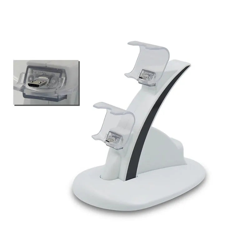 White dual PS4 controller charger with blue light-up docks and cat ear design, USB connection for two controllers