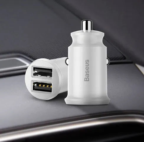 BASEUS mini dual USB car charger black front view with two USB ports and compact body