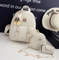 Women's 3-piece matching bag set showing backpack, crossbody shoulder bag, and flat card holder in PU leather.