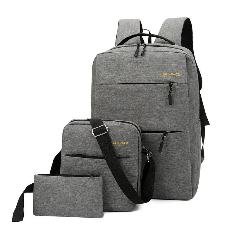 Men's black three-piece USB charging computer bag set showing external USB port and organised internal pockets