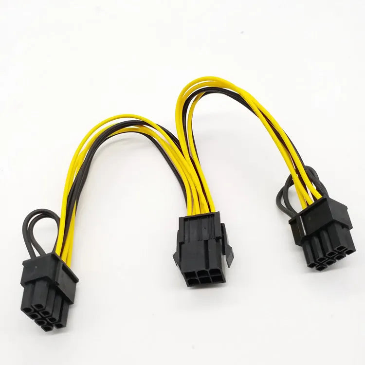 Yellow graphics card power adapter cable with 6-pin plug and two 8-pin (6+2) connectors