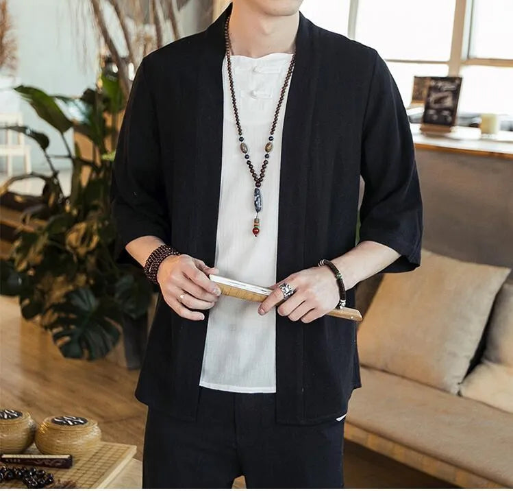 Men's Chinese style cotton linen cardigan shirt with seven-point sleeves, stand collar, and lace-up front in black or hemp colour.