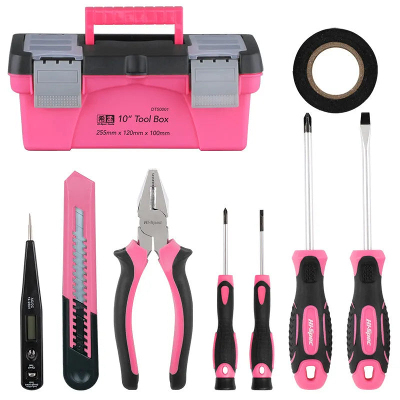 8-piece household tool kit with carbon steel screwdrivers, wire cutter, utility knife, digital test pencil, and PVC tape in a tool box