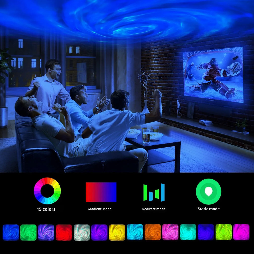 Northern lights projection lamp with star and flame effects, remote control, rechargeable battery and plug-in options, 3W power supply