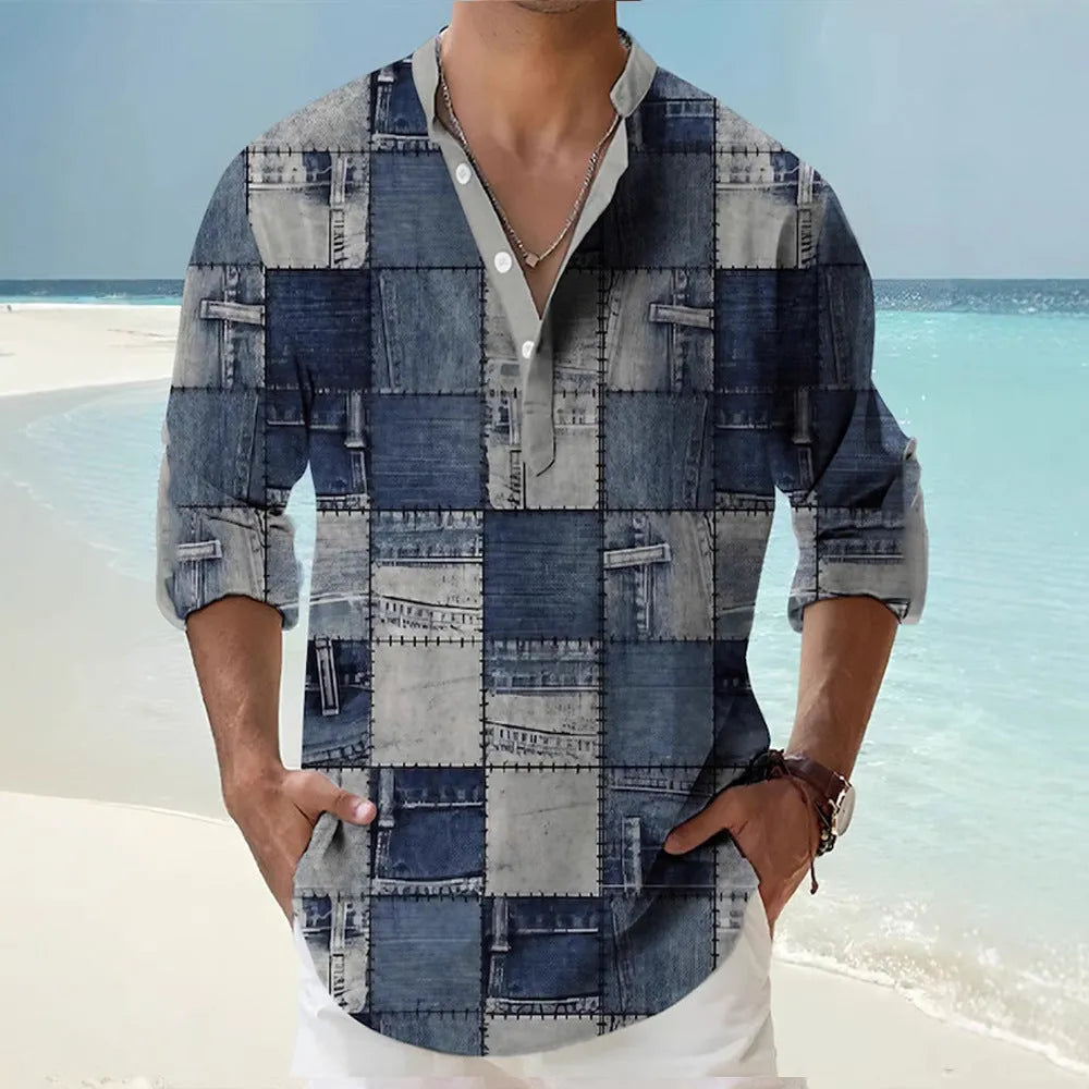A man's long-sleeve striped Hawaiian shirt on a hanger, shown in a lilac colour.