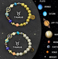 Set of twelve natural stone beaded bracelets, each with a different zodiac sign charm, on a white background.