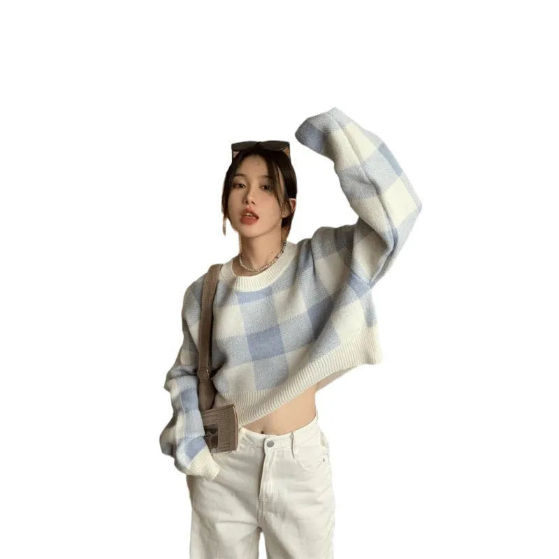 Women's plaid lattice short sweater pullover in black, blue, brown, sizes S-2XL, long sleeves, casual urban style